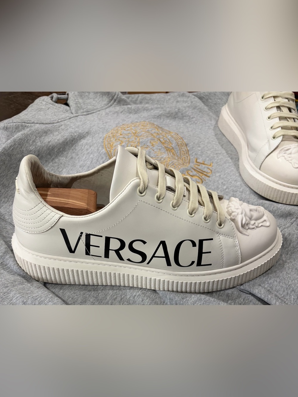 Versace White Leather Low-Top Sneaker with Black Logo, Medusa